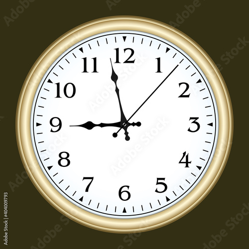 Gold clock with arabic numerals. Vector illustration on a dark background.