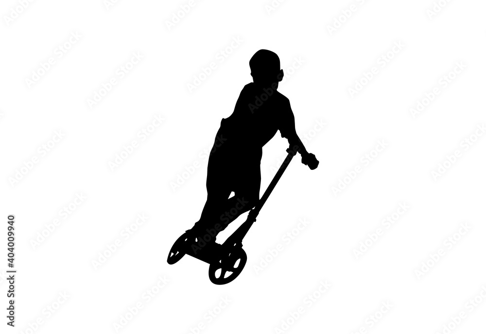 Silhouette scooter bike kids , boy play spin scooter with white background with clipping path.