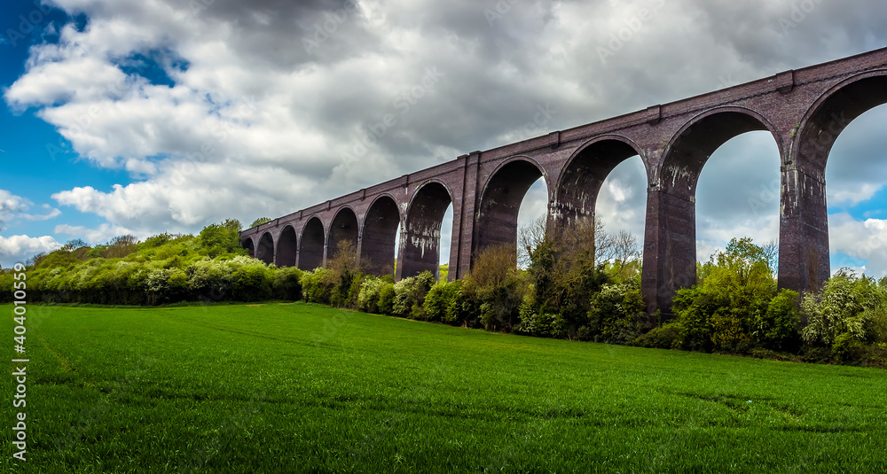 A view northward of the Conisbrough Viaduct at Conisbrough, Yorkshire, UK in springtime