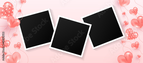 Photo frames set with love air many sweet hearts shape on pink background. Promotion and shopping template