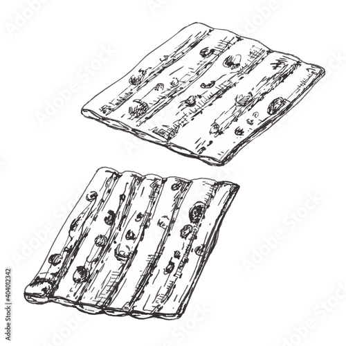 Matzo - jewish traditional food. Vector vintage hatching gray illustration.