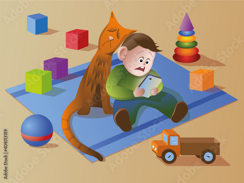 Cartoon of a vector illustration a child scaredly looks at the phone, sits on the floor among toys, cubes, a ball, a toy car, a pyramid, next to him is a red striped cat