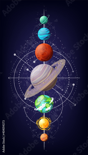 Planets and satellites. Solar system. Vector design. Stock illustration.