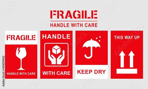 Vector illustration of Fragile, Handle with Care or Package Label stickers set. Red and white colour set. Banner format photo