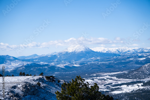 Snowy landscape of a large snowy mountain