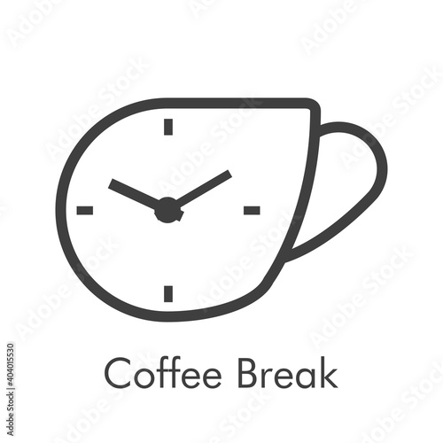 Logotipo Coffee Break. Icono taza de café con reloj simple con lineas en color gris