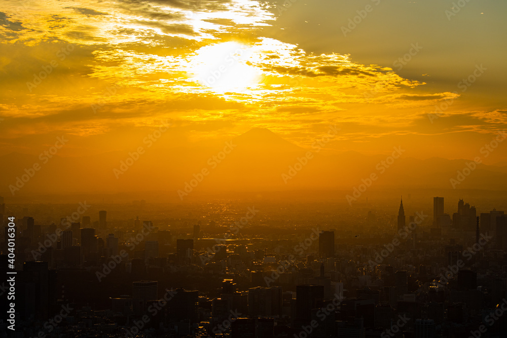 Fototapeta premium 夕日に照らされる東京のビル群