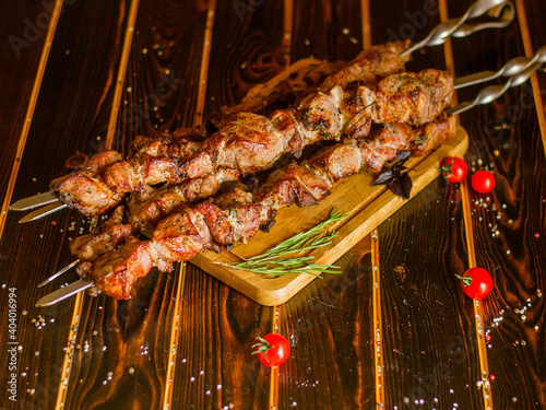 Georgian pork neck shashlik on skewers. Homemade food.