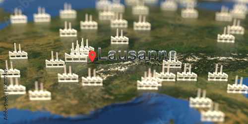 Factory icons near Lausanne city on the map, industrial production related 3D rendering