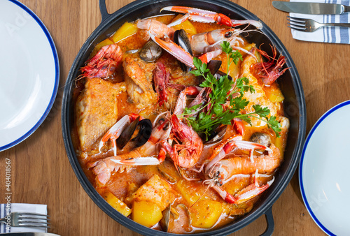 .fish and seafood stew in the table
