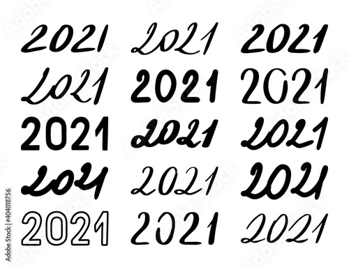 Set of Handwritten number lettering of 2021. Happy New Year. Calligraphy. Vector illustration. Black on white background