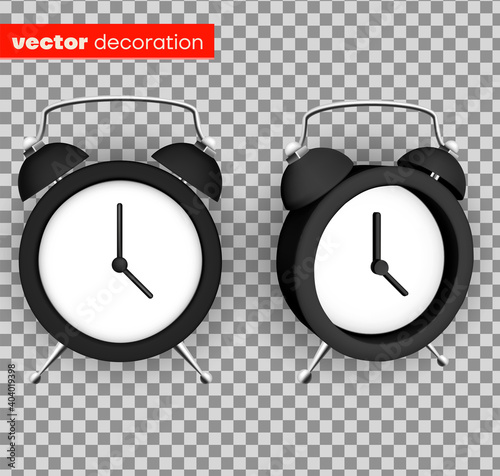 Black alarm clock. Design template closeup in vector. Mock-up for branding and advertise isolated on transparent background.