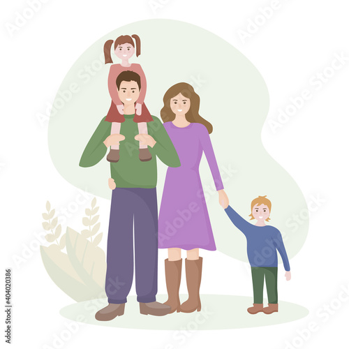 Portrait of a happy family on a walk by parents and children. Mom and Dad are walking with their son and daughter. People smile. The concept of love and family values.