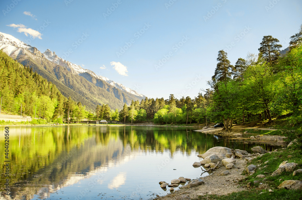 Beautiful lake in the mountains. Water surface.  Mountain landscape
