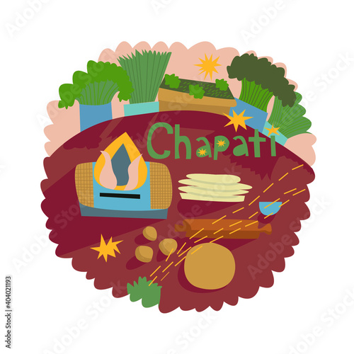 Illustration of chapati. Indian traditional food. Vegan. Green life.
