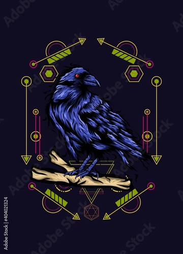 Raven bird crow illustration artwork with sacred geometry ornament