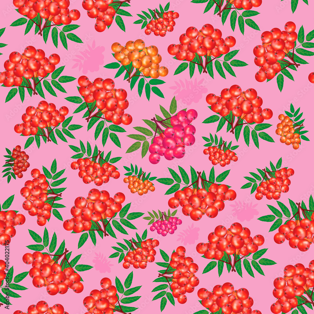 Pattern, geometric seamless pattern of red rowan berries. Print.