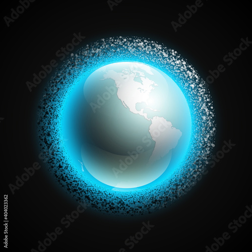 world map with belt of comets and asteroids. Globe icon in the space debris environment. Planet Earth on black background view from space. Continents world picture. Colorful poster presentation