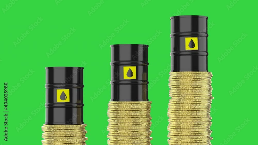 Oil price rising concept with 3d rendering crude oil barrels and stack of gold coins 4k footage Oil price rising concept with 3d rendering crude oil barrels and stack of gold coins 4k footage