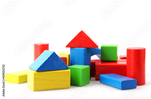 Canvas-taulu Closeup shot of colorful toy blocks isolated on a white background