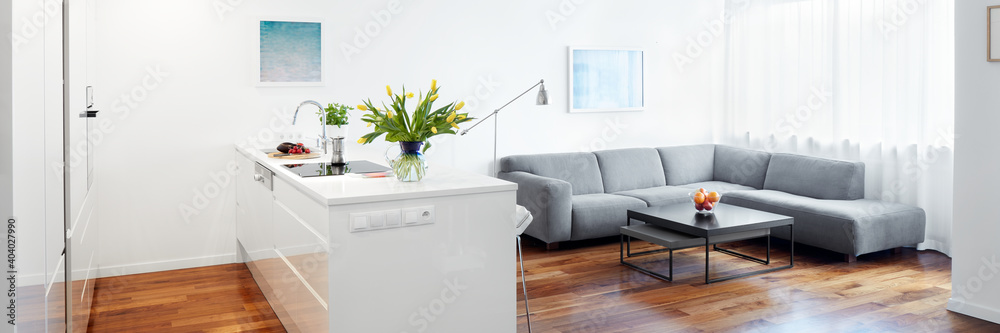 Obraz premium Modern kitchen and living room, scandinavian interior