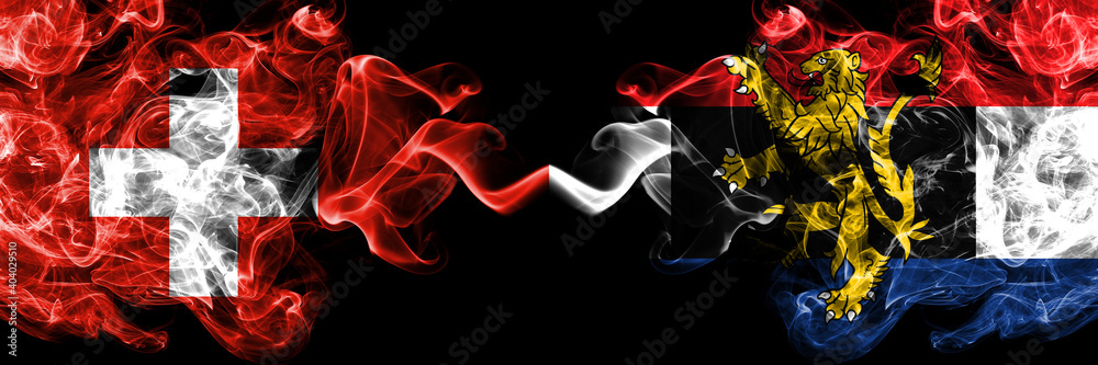 Switzerland, Swiss vs Benelux smoky mystic flags placed side by side. Thick colored silky abstract smoke flags.