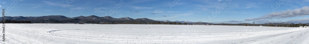 Panoramic view of a winter scene in the Adirondack Mountains 
