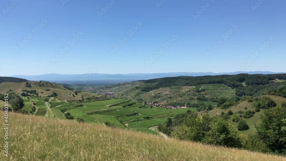 Beautiful view of a vineyard terraces and a village in the valley at Kaiserstuhl, Germany under a clear blue sky. The Rhine valley and the French Vosges mountains are in background. Beautiful view of a vineyard terraces and a village in the valley at Kaiserstuhl, Germany under a clear blue sky. The Rhine valley and the French Vosges mountains are in background.