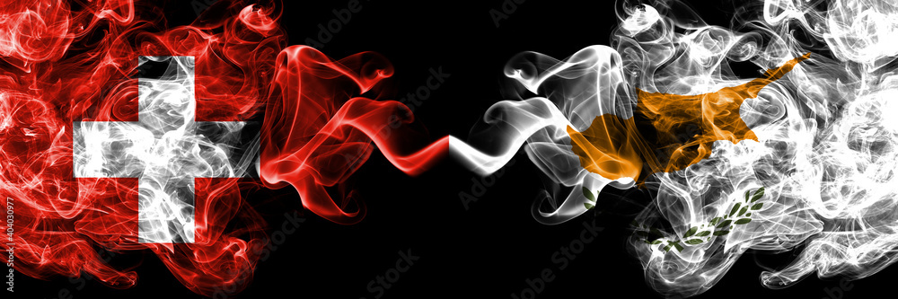 Switzerland, Swiss vs Cyprus, Cypriot smoky mystic flags placed side by side. Thick colored silky abstract smoke flags. Switzerland, Swiss vs Cyprus, Cypriot smoky mystic flags placed side by side. Thick colored silky abstract smoke flags.