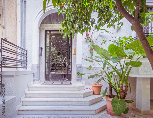 classic design residential building main entrance with marble stairs, arched doors and potted plants