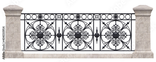 3D rendering forged iron railings with artistic decor. Art wrought iron. Stone pillars. Project of handrails. 3D render luxury architecture. Vintage. Balcony. Terrace. Black metal. Isolated on white. photo