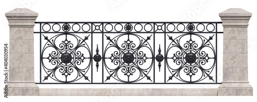 3D rendering forged iron railings with artistic decor. Art wrought iron. Stone pillars. Project of handrails. 3D render luxury architecture. Vintage. Balcony. Terrace. Black metal. Isolated on white.