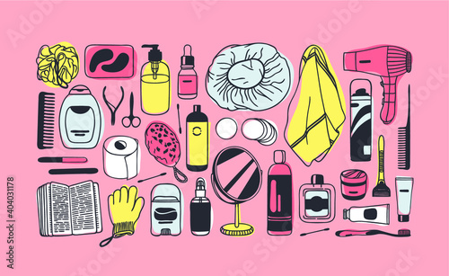 Hand drawn illustration beauty products. Actual bath drawing