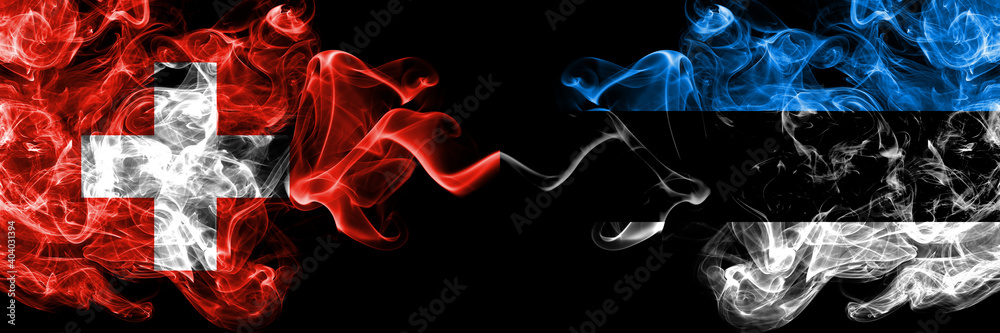 Switzerland, Swiss vs Estonia, Estonian smoky mystic flags placed side by side. Thick colored silky abstract smoke flags. Switzerland, Swiss vs Estonia, Estonian smoky mystic flags placed side by side. Thick colored silky abstract smoke flags.