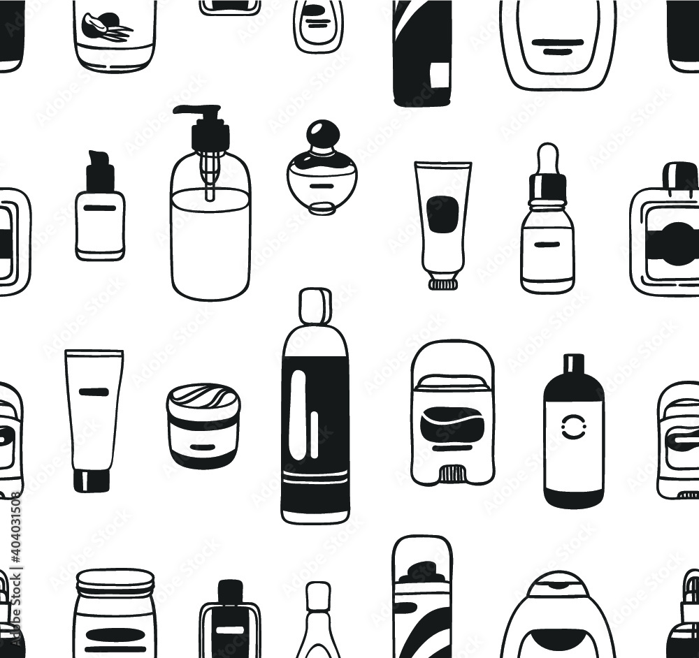Hand drawn seamless pattern with cosmetics. Vector illustration. Actual background with beauty products. Original doodle style drawing Bath Things. Creative ink art work Hand drawn seamless pattern with cosmetics. Vector illustration. Actual background with beauty products. Original doodle style drawing Bath Things. Creative ink art work