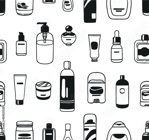 Hand drawn seamless pattern with cosmetics. Vector illustration. Actual background with beauty products. Original doodle style drawing Bath Things. Creative ink art work