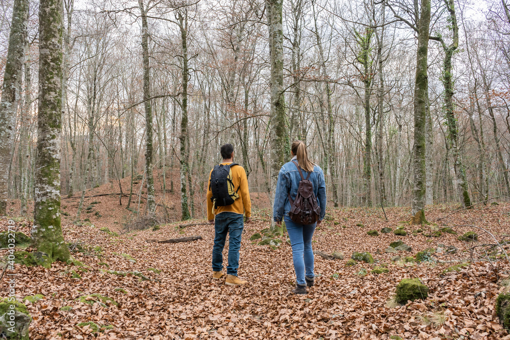Unrecognizable young couple walking with backpacks in amazing autumnal forest.Hiking , travel wanderlust concept.Romantic and friendship lifestyle. Unrecognizable young couple walking with backpacks in amazing autumnal forest.Hiking , travel wanderlust concept.Romantic and friendship lifestyle.