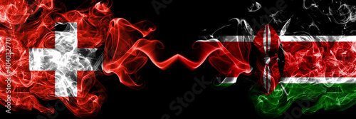 Switzerland  Swiss vs Kenya  Kenyan smoky mystic flags placed side by side. Thick colored silky abstract smoke flags.