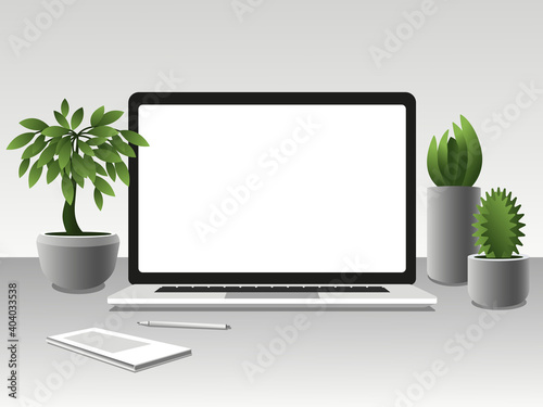 Workplace with laptop on table at home
Computer with white screen on table- Workspace with laptop flower plant at home or studio,office- Screen layout of devices in the interior- vector illustration