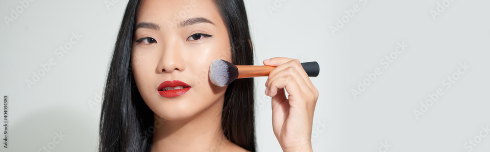 girl powder with brush on facial, beauty girl with skincare, elegant and attractive. girl powder with brush on facial, beauty girl with skincare, elegant and attractive.