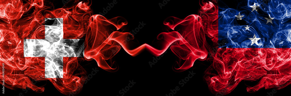 Switzerland, Swiss vs Samoa smoky mystic flags placed side by side. Thick colored silky abstract smoke flags. Switzerland, Swiss vs Samoa smoky mystic flags placed side by side. Thick colored silky abstract smoke flags.
