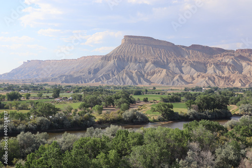 Landscape view across a valley with Colorado River to Mt. Garfield