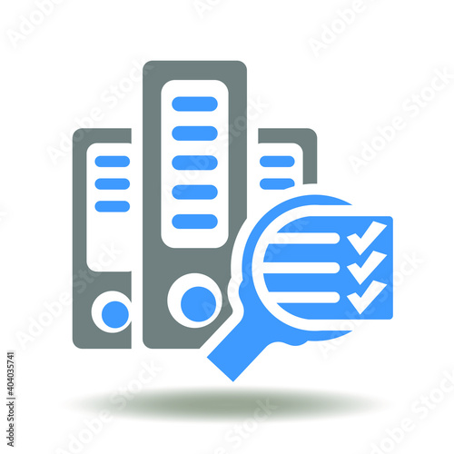 Folders binder with magnifying glass and check list vector icon. Search files symbol. Office paperwork illustration. Inspection sign. Searching information logo.