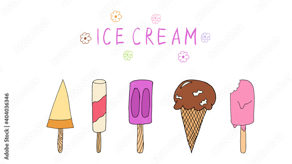 Hand drawn Ice cream food isolated on white background. Ice cream set Vector illustration in doodle style. Freehand drawing Hand drawn Ice cream food isolated on white background. Ice cream set Vector illustration in doodle style. Freehand drawing