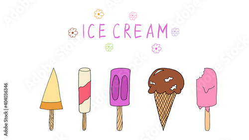 Hand drawn Ice cream food isolated on white background. Ice cream set Vector illustration in doodle style. Freehand drawing