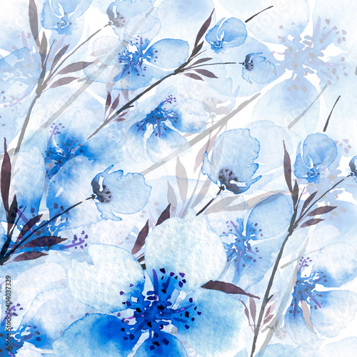 background of blue flowers with watercolor paints © Elena
