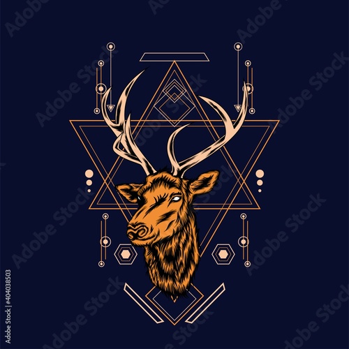 Deer head with sacred geometry pattern on black background-vector retro illustration