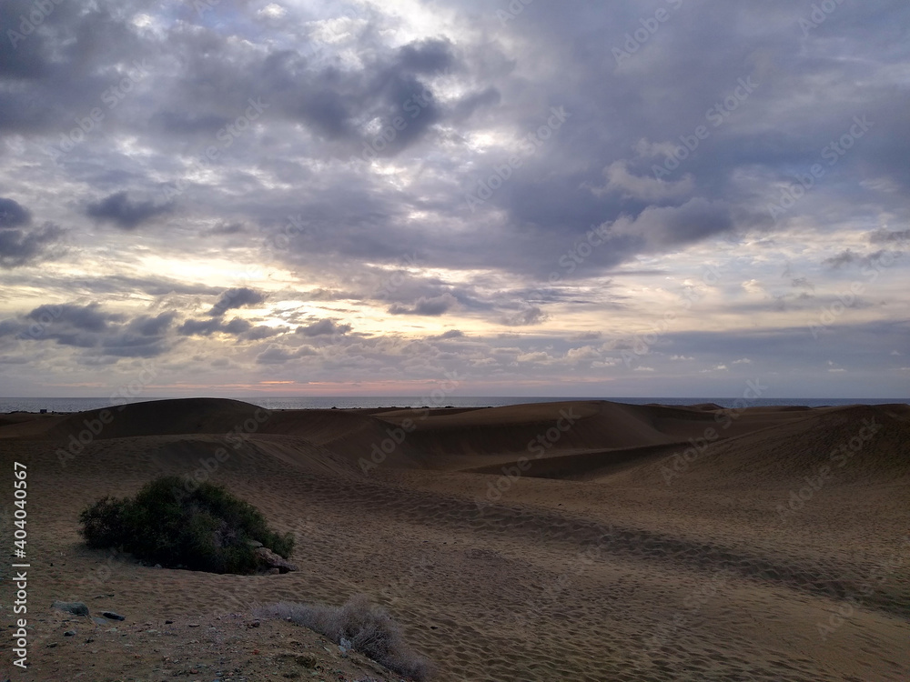 Beautiful view of the dunes in Maspalomas beach during the sunrise. South of Gran Canaria Island. Spain.