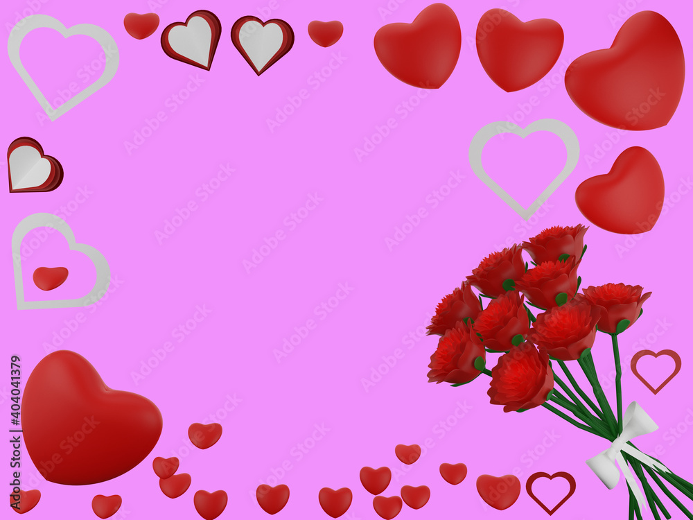 3D rendering of red roses flowers and many hearts on a pink background. Happy Valentines day. Romantic greeting postcard template, 3D illustration.
