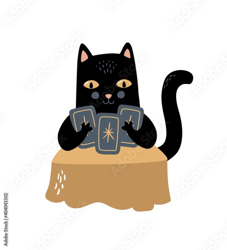 Vector cartoon black cat with cat with tarot cards. Magical character, magic, spiritual, foreteller, diviner, fortune teller isolated on white background